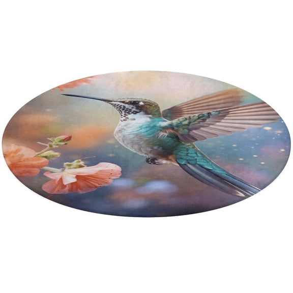 Flower Hummingbird Soft Bedroom Round Area Rug, Washable Cute Nursery Circle Throw Mat, Non-Slip Contemporary Small Low Pile Floor Carpet for Dorm Bedside