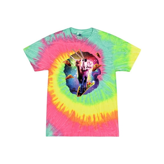 Wild Bobby, Cosmic Trippy Cat Riding Llamacorn in Space, Animal Lover, Tie-Dye Tees, Minty Rainbow, Large