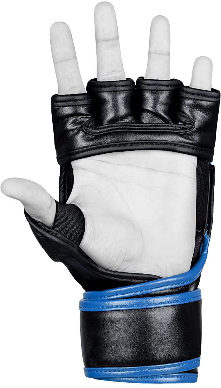 Kruzak MMA Gloves, Men and Women’s Half-Finger Boxing Mitts, Hand Wraps with Open Palms for Grappling, Kickboxing, Sanda, Sparring, Muay Thai (L/XL, Blue)
