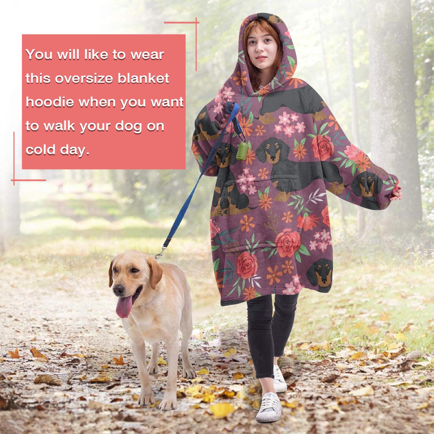 Dachshund Dog and Flower Floral Wearable Oversized Blanket,Wearable Blanket Hoodie for Adults,Cozy Hooded Blankets with Super Pockets,Super Warm Fuzzy Pullover for Women & Men