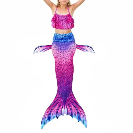 Conairie 3 Piece Girls Swimsuit Set Flounce Ruffle Bikini Top With Shorts Fish Tail Set Summer Beach Swimwear Hot Pink