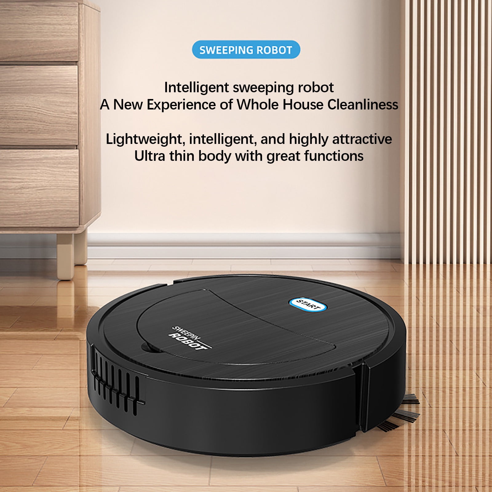 Robot Vacuum Cleaner with Sweeping, Suction, and Mopping Functions, 21.5 cm Diameter, 5.4 W, 60 Min Runtime, USB Charging