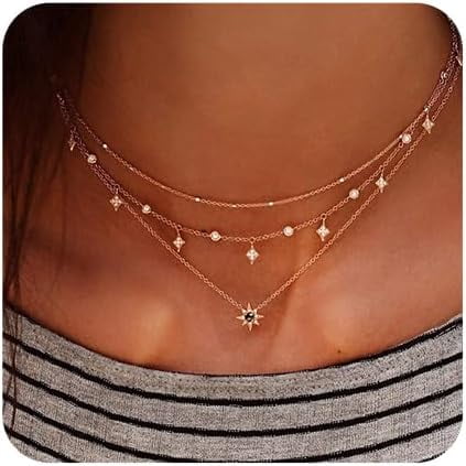 Multi Layered Dainty Gold Necklace with Black Gem Pendant Stars Tassel Collar Chain Choker for Women Boho Jewelry