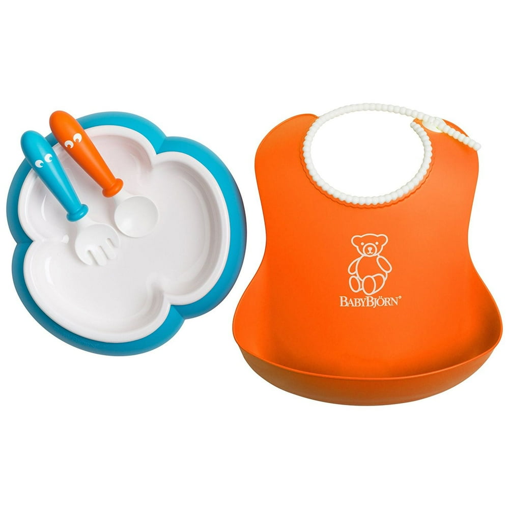 BabyBjorn Baby Feeding Set Orange Soft Bib, Turqouise Plate, Orange