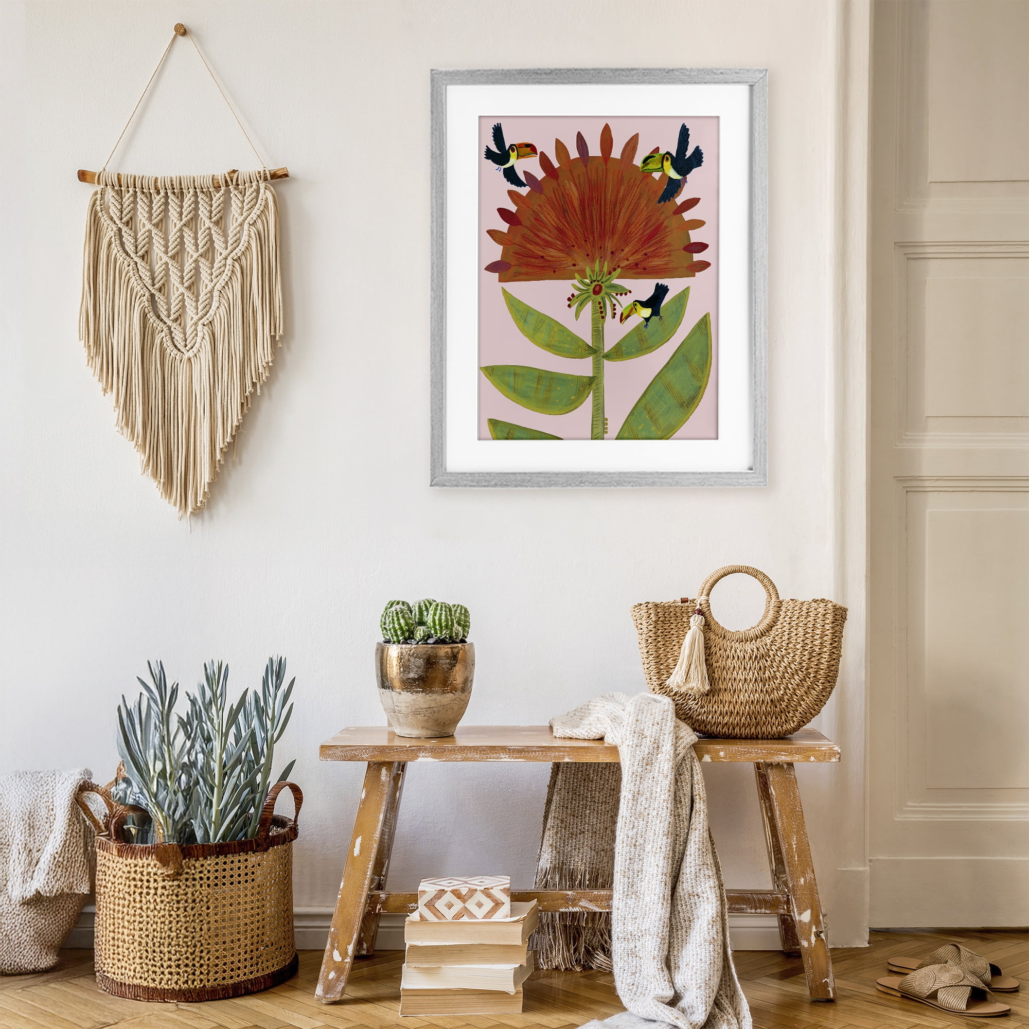Stupell Industries Tropical Plant & Toucans Gray Framed Print Under Glass, design by Kay Widdowson