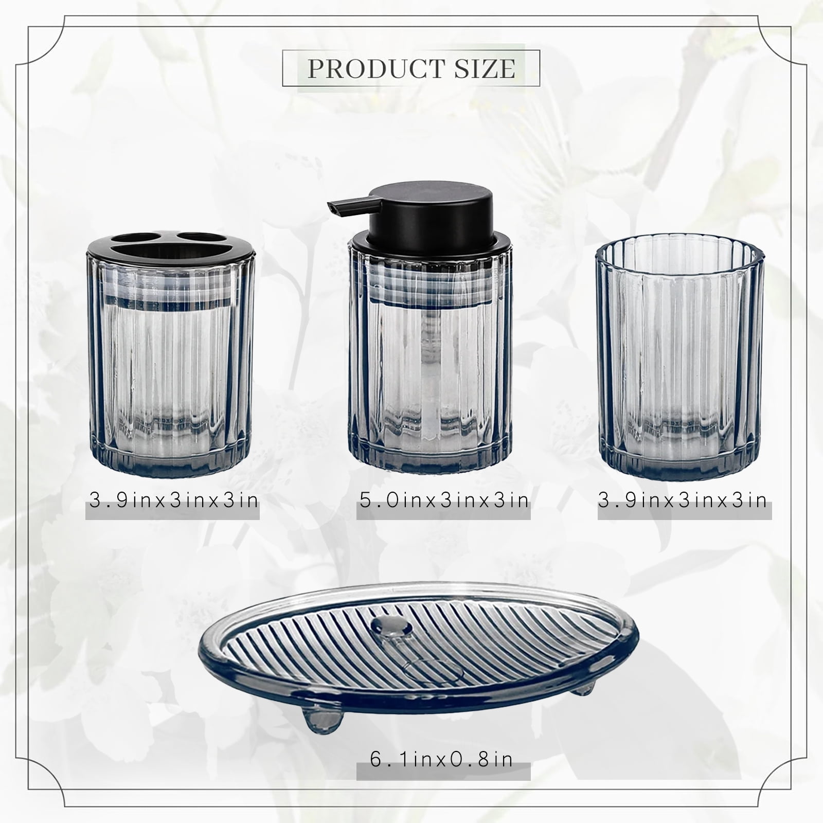 CERBIOR Bathroom Accessories Set, 4 Pcs Glass Bathroom Accessories Sets Complete w/Soap Dispenser, Soap Dish ,Toothbrush Holder,Tumbler, Bathroom Decor, Gift for Home Apartment, Black Grey