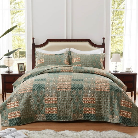 3-Piece King Size Quilt Set - Olive Green Paisley Bedspread Coverlet with 2 Pillow Shams, Microfiber