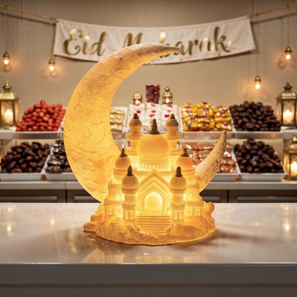 SSZMDLB Eid Glowing Moon Night Lamp, Muslim Holiday Resin Decoration, Moon Castle LED Light for Table, European Home Living Room Decor, Ramadan Festive Ornament