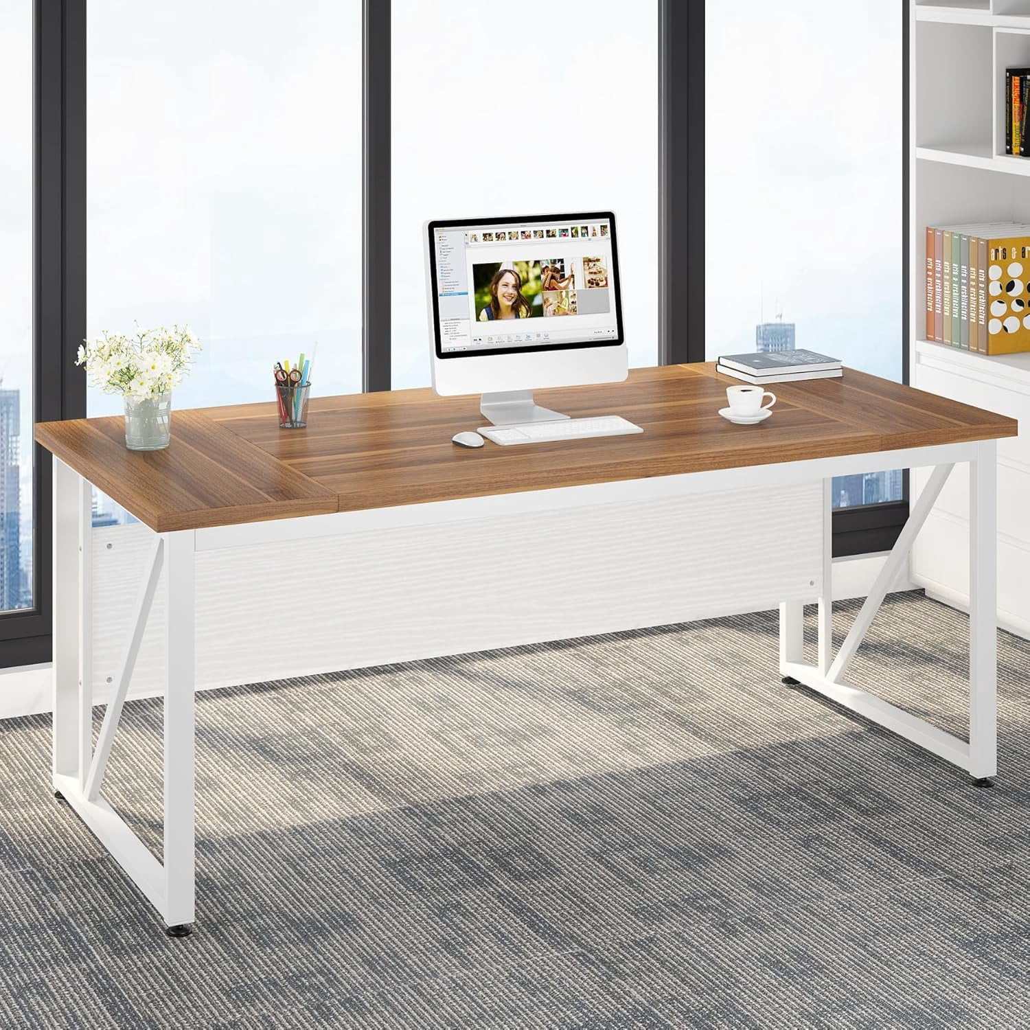 Finmind 63 inch Executive Desk and 47" lateral File Cabinet, L-Shaped Computer Desk Home Office Furniture with Drawers and Storage Shelves