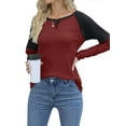 thumbnail image 3 of HUBERY Women Waffle Color Block Spliced Crew Neck Raglan Long Sleeve Top, 3 of 6
