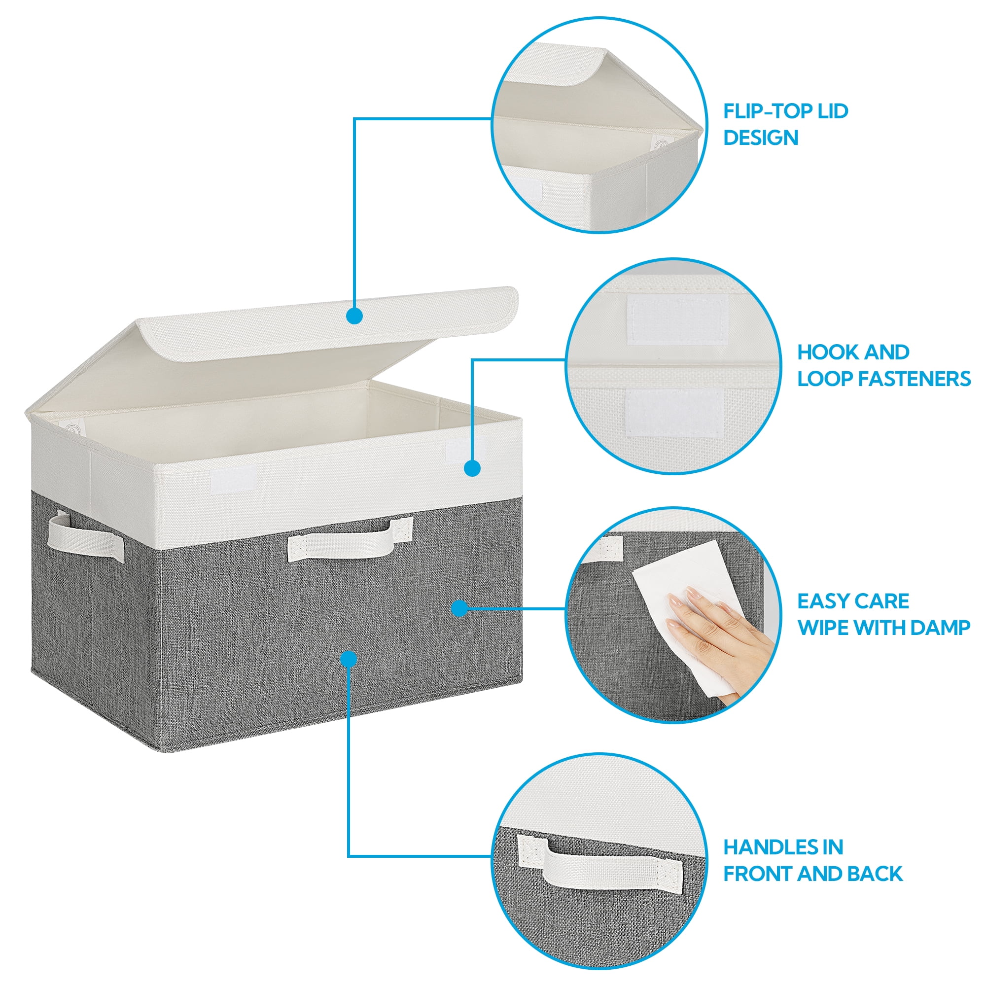 Granny Says Collapsible Storage Bins with Lids, Decorative Storage Basket for Shelves, Toy, Closet, White&Gray, 2-Pack