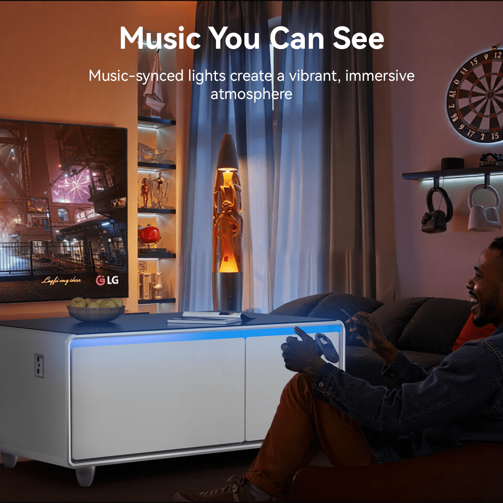 Smart Coffee Table with Dual-Drawer Cooling, Freezer Function, Wireless Charging, Bluetooth Speakers & LED Lights – Perfect for Modern Living Spaces