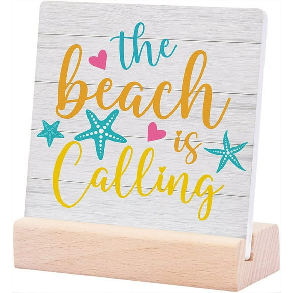 Ceramic Sign 4x4Inch Beach Beach House Desk Decor Beach Table Decor Gifts For Beach Lovers Women Men The Beach Is Calling Coastal Ceramic Plaque Table Decor Desk Sign For Beach House Home Shelf Decor