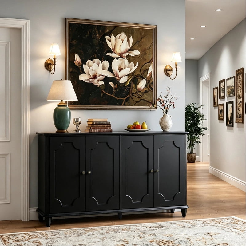 Vintage Farmhouse Buffet Sideboard Cabinet, 4 Embossed-Door Storage Cupboard, Versatile Cabinet with Adjustable Shelf