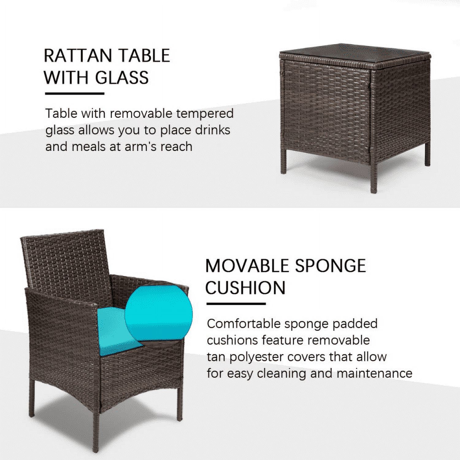 Lacoo 3 Pieces Outdoor Patio Furniture PE Rattan Wicker Table and Chairs Set Bar Set with Cushioned Tempered Glass (Brown / Blue) - image 3 of 7