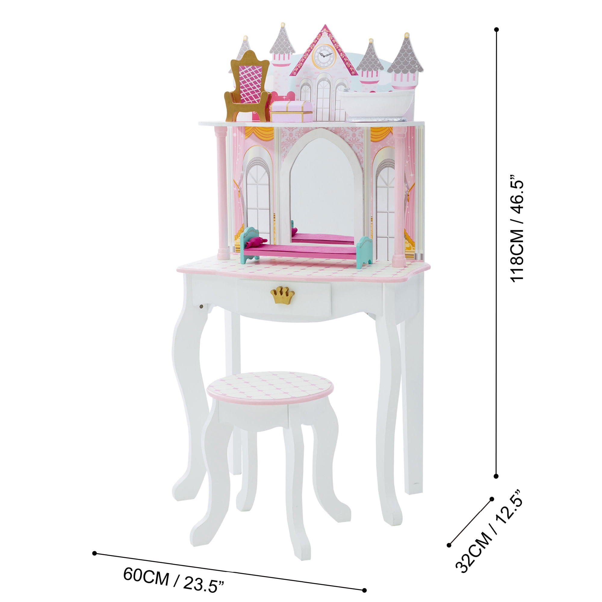 Teamson Kids Dreamland Castle Wooden Vanity Play Set with Stool & Mirror, Pink/White