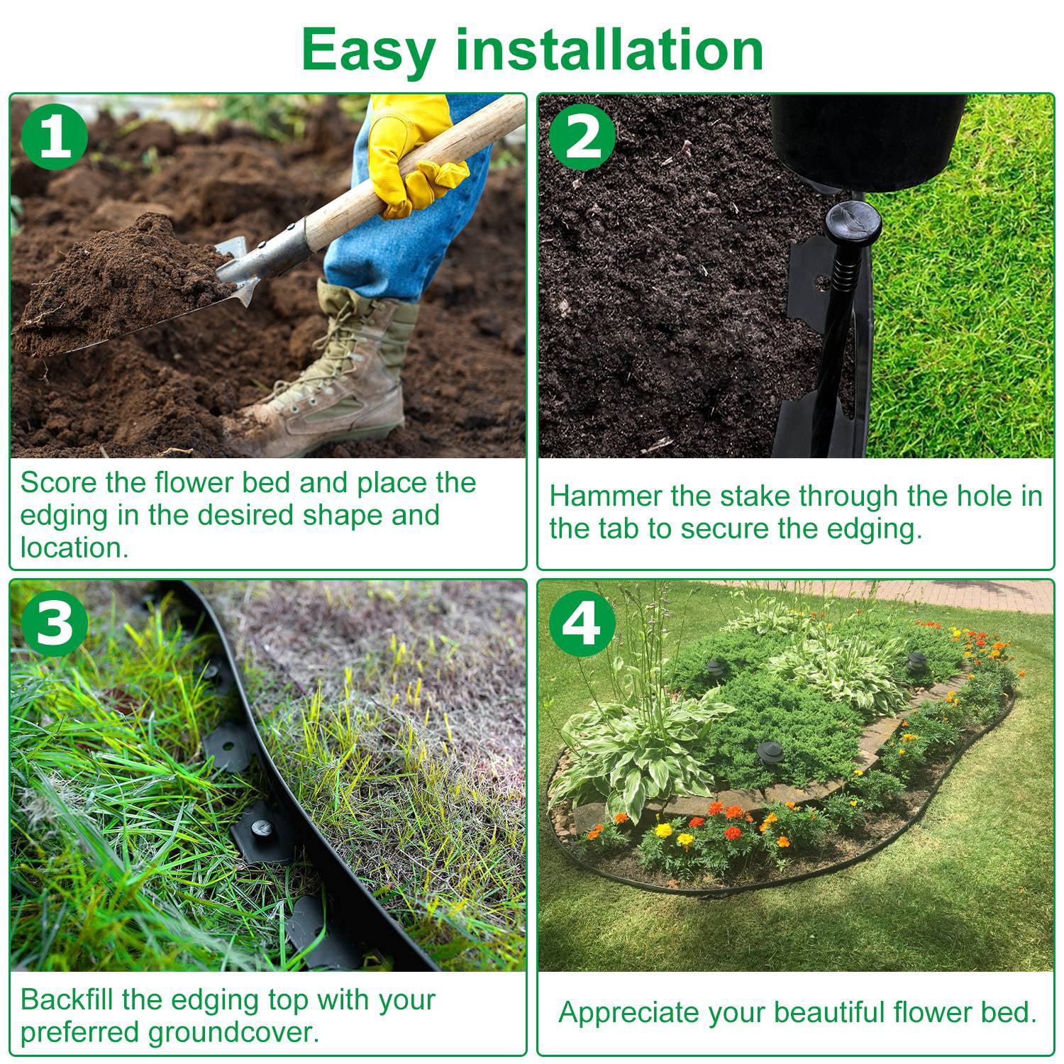 Moclever 32.8ft Non-Digging Garden Edging Kit 2in Tall Plastic Garden Border with 30 Spikes, Black