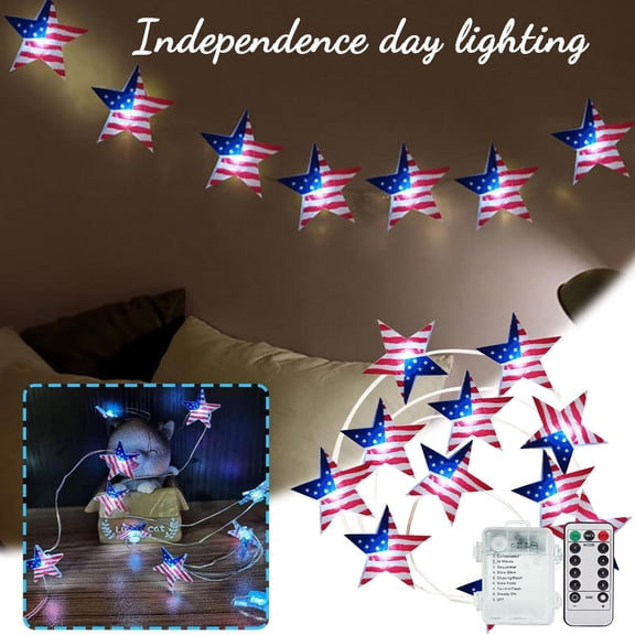 AZXY Red White and Blue LED String Lights with Remote, 9.84ft 30-Light Patriotic Star Lights for Indoor and Outdoor Independence Day, and Christmas Holiday Decorations