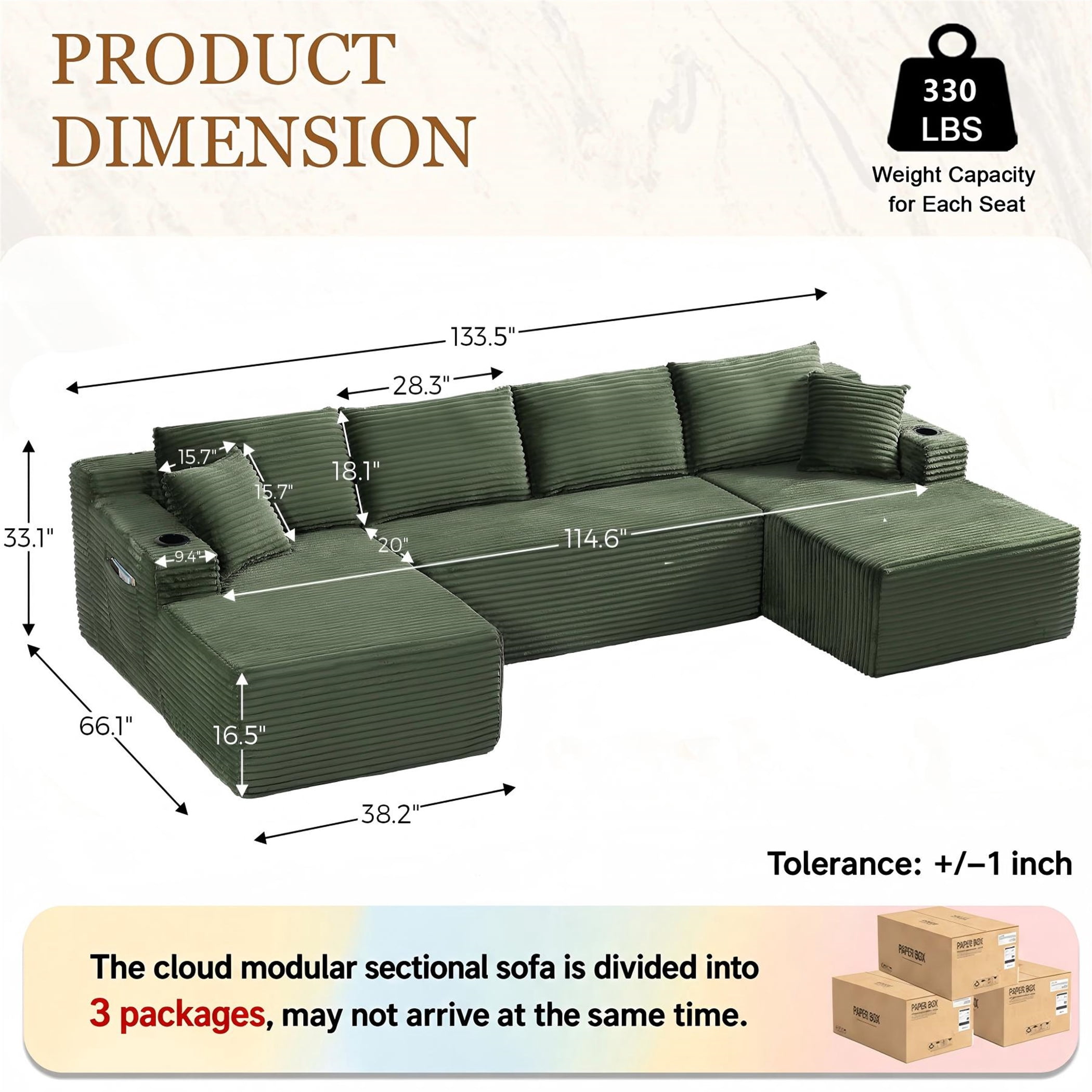 Aukfa 133" Cloud Sectional Sofa Oversized Boneless Couch Modular U-Shaped Couch, Double Chaise Corduroy Sofa for Living Room, Dark Green