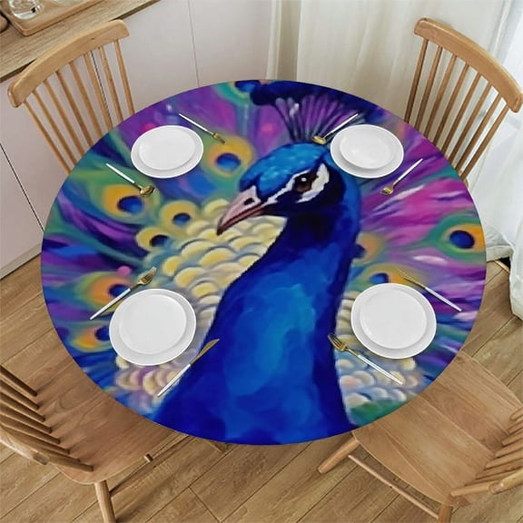 BANET Fitted Round Tablecloth Watercolor Peacock,Art Peacock Beautiful Peacock Table Cover,Elastic Edged Table Cloth Fits Round Tables 31"-35