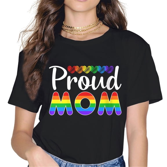 Women Tops Gay & Lesbian Pride Shirt Proud Mom LGBTQ Parent T-Shirt Graphics Casual Short Sleeve Crew Neck Shirts Gift Tee Black Small