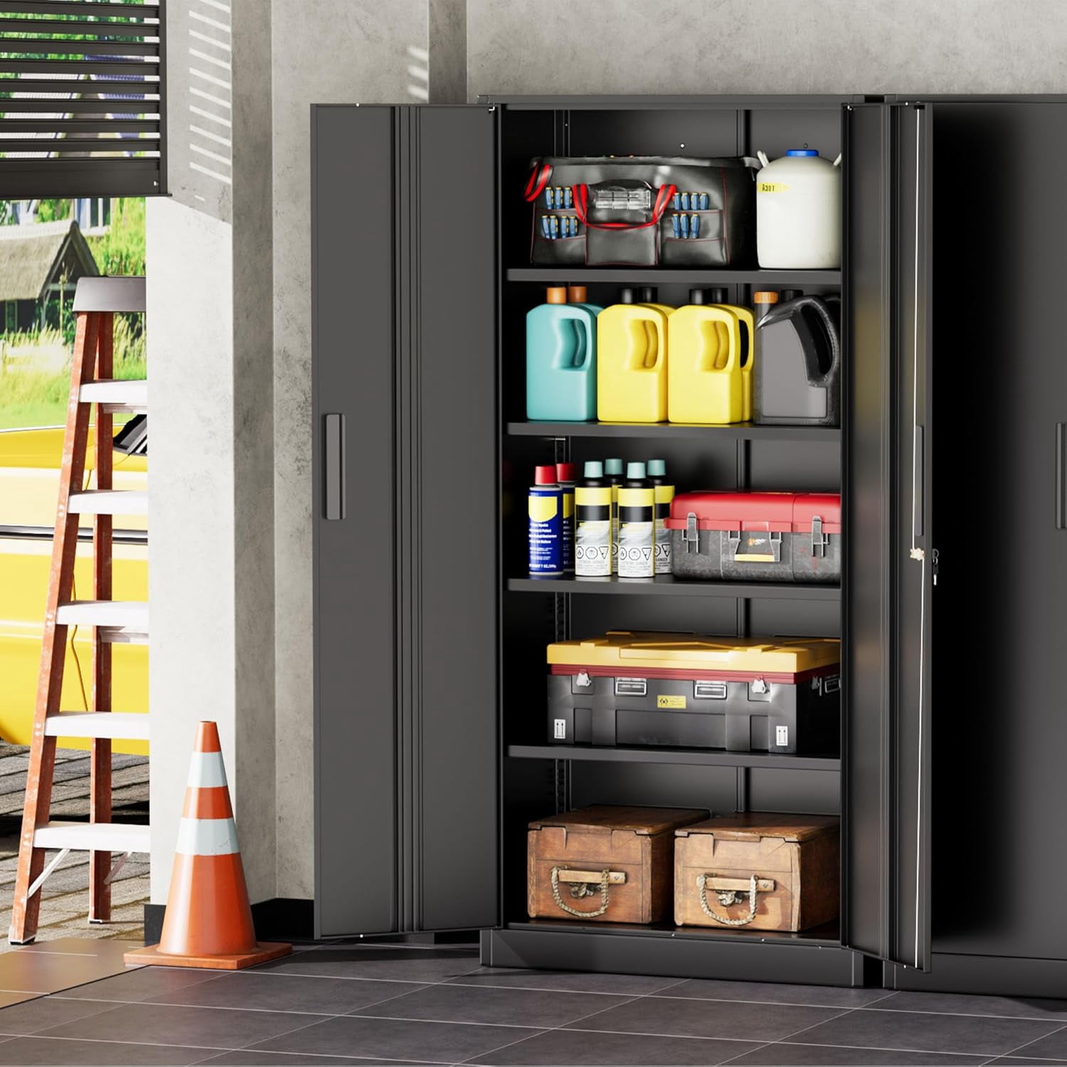 SOLAURA Metal Storage Office Cabinets with Locking Doors and Adjustable Shelves, 71 inch Tall Steel Storage Cabinet for Office, Home (Black)