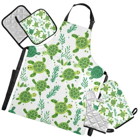 Ryvnso Turtles and Seaweed Kitchen Apron Oven Mitts Set Pot Holders