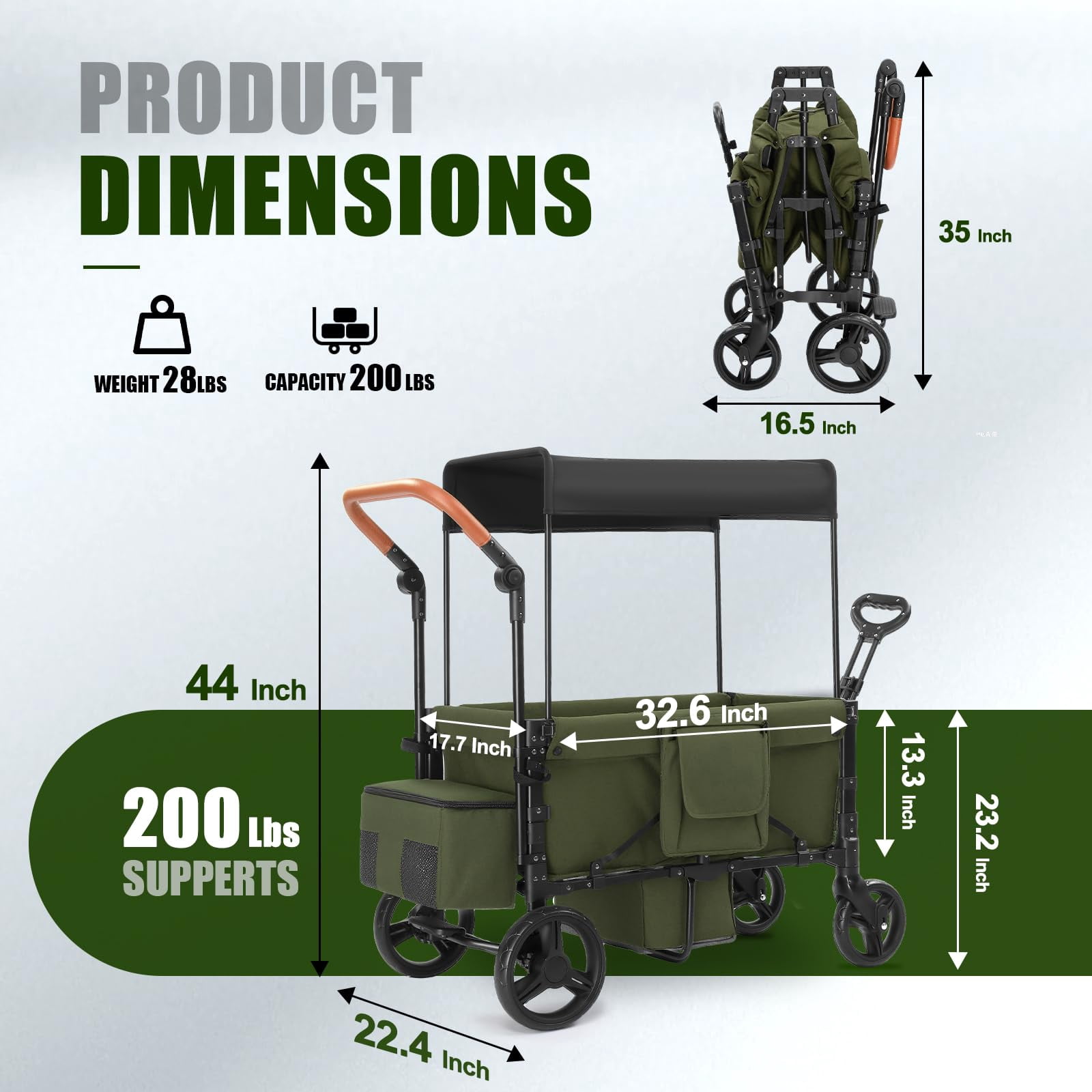 Wagon Stroller for 2 Kids, 3 in 1 Push and Pull Foldable Wagon with Footwell, All-Terrian Wheels, Includes Adjustable Canopy, Ample Organizer, 5 Point Harness (Black)