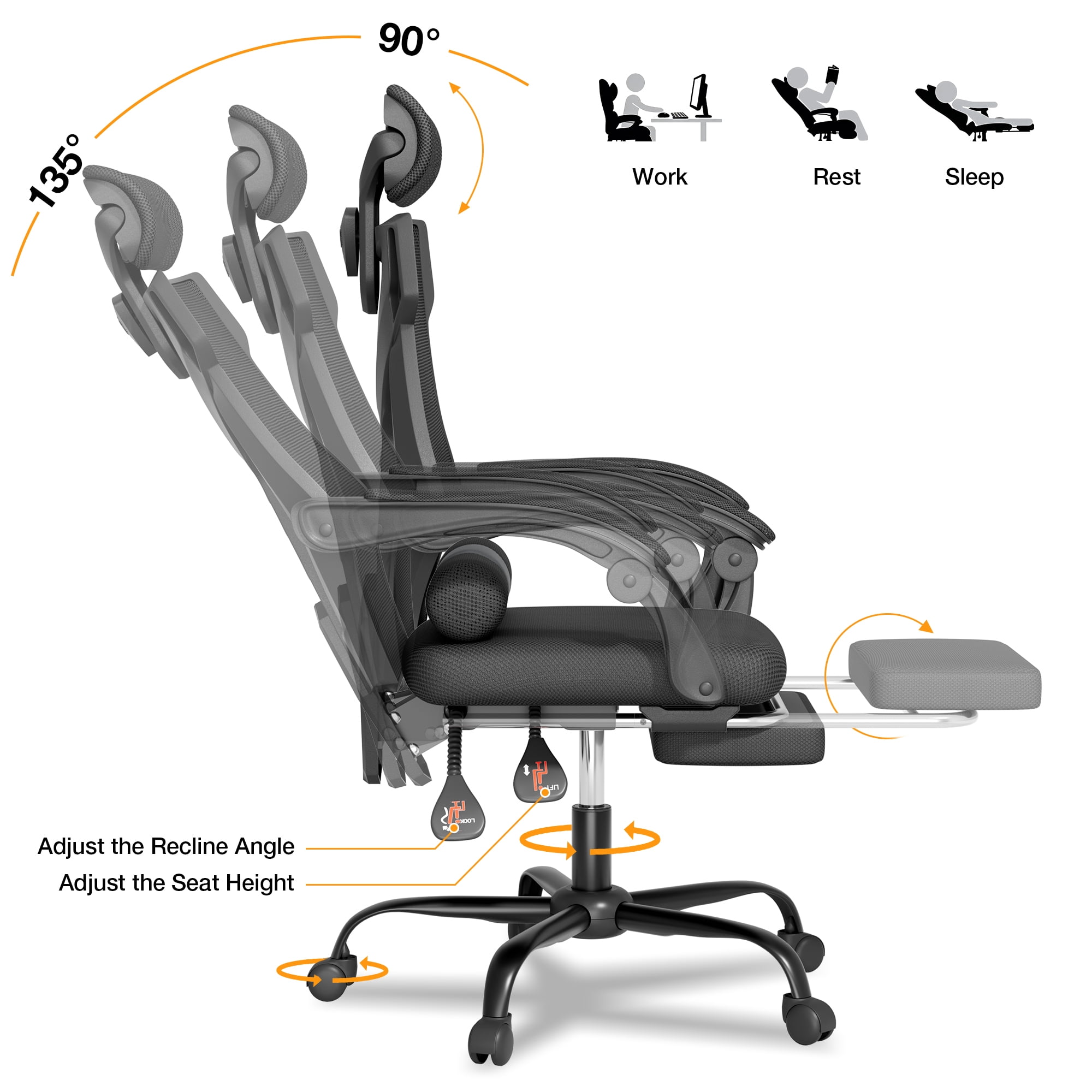 Mr IRONSTONE Ergonomic Office Chair with Footrest, High Back Breathable Mesh Computer Chair with 2D Headrest Lumbar Support, 135 Degree Reclining Desk Chair for Home Office, Black