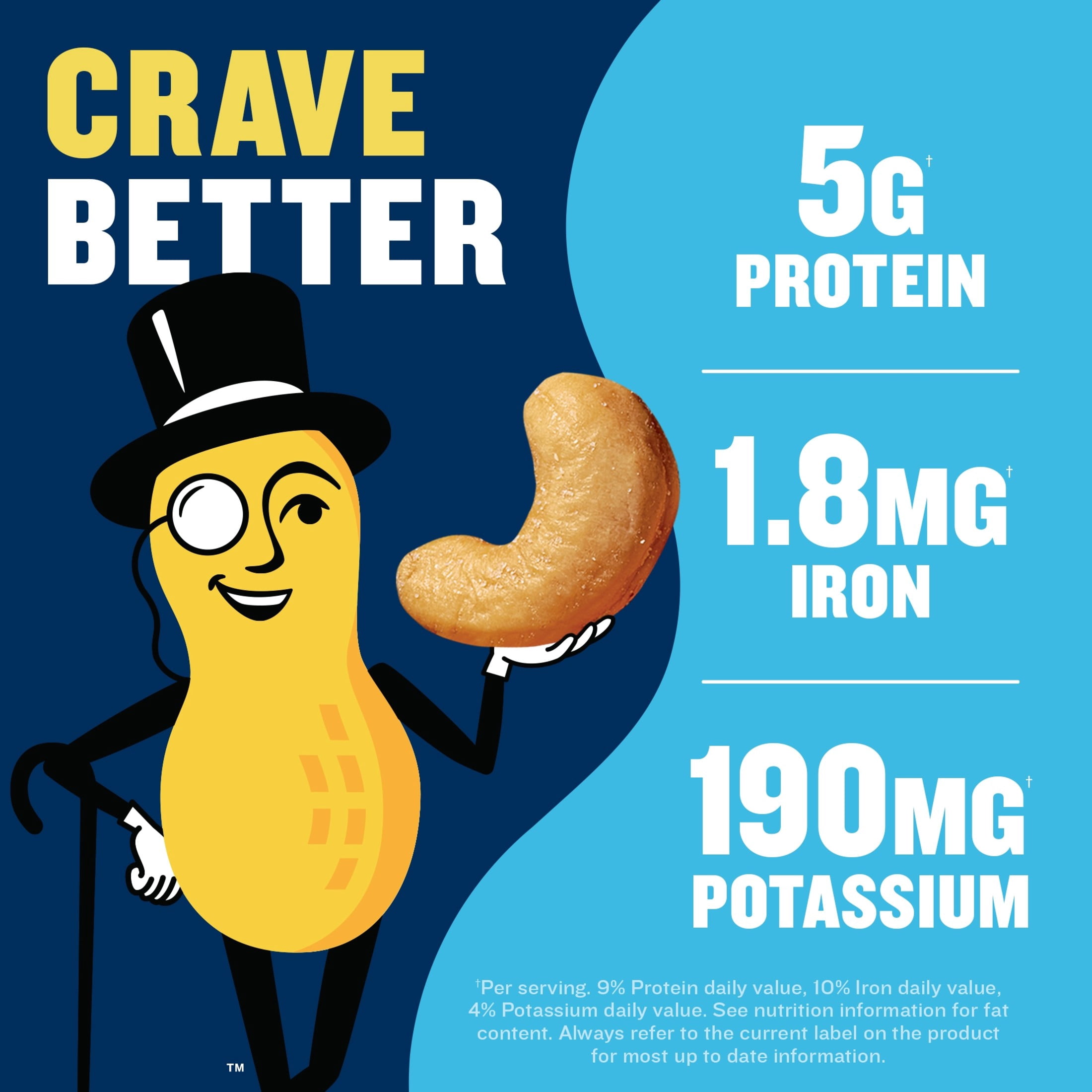 Planters Deluxe Lightly Salted Whole Cashews, 5g Protein (9% DV) per serving, Gluten Free Snacks for Adults, 18.25 oz Resealable Canister