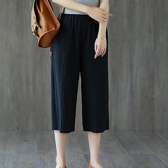 up to 60% off Gifts Usmixi Womens Capris Pants Casual Solid Elastic Waist Breathable Cotton Linen 3/4 Trousers Plus Size Loose Straight Cropped Pants with Pockets Black m