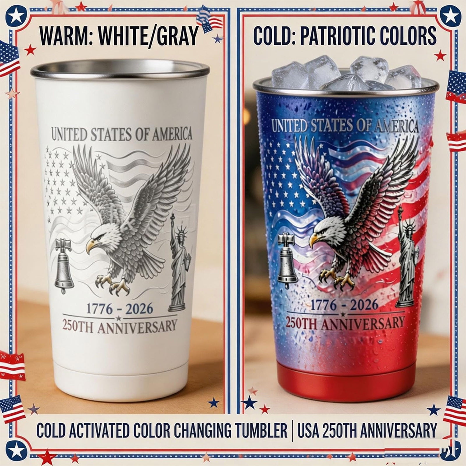 USA 250th Anniversary Color Changing Tumbler, Stainless Steel Color-Changing Insulated Mug, 16oz Cold Activated Color Changing Tumbler, Reusable BPA-Free Drink Cup