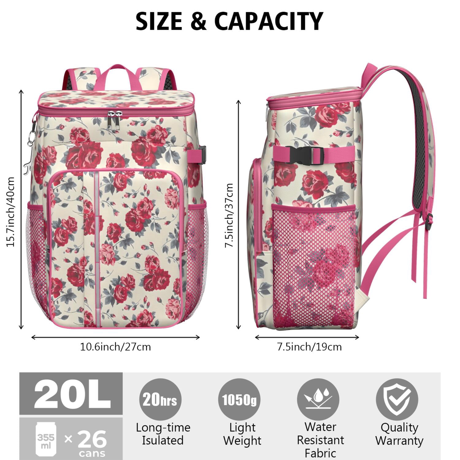 Travel Cooler Bag - Pioneer Flower Floral Print Pattern Camping Beer Cooler Backpack with Bottle Opener- Waterproof Insulated Picnic Backpacks - Cooler Bag for Beach