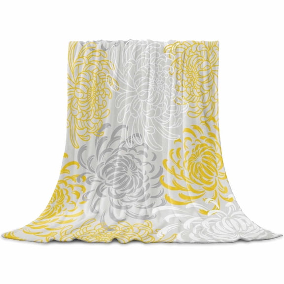 Flannel Throw Blanket for Couch Sofa Bed,Yellow Grey Chrysanthemum on Vintage Soft Cozy Warm Fuzzy Blanket 40x50in