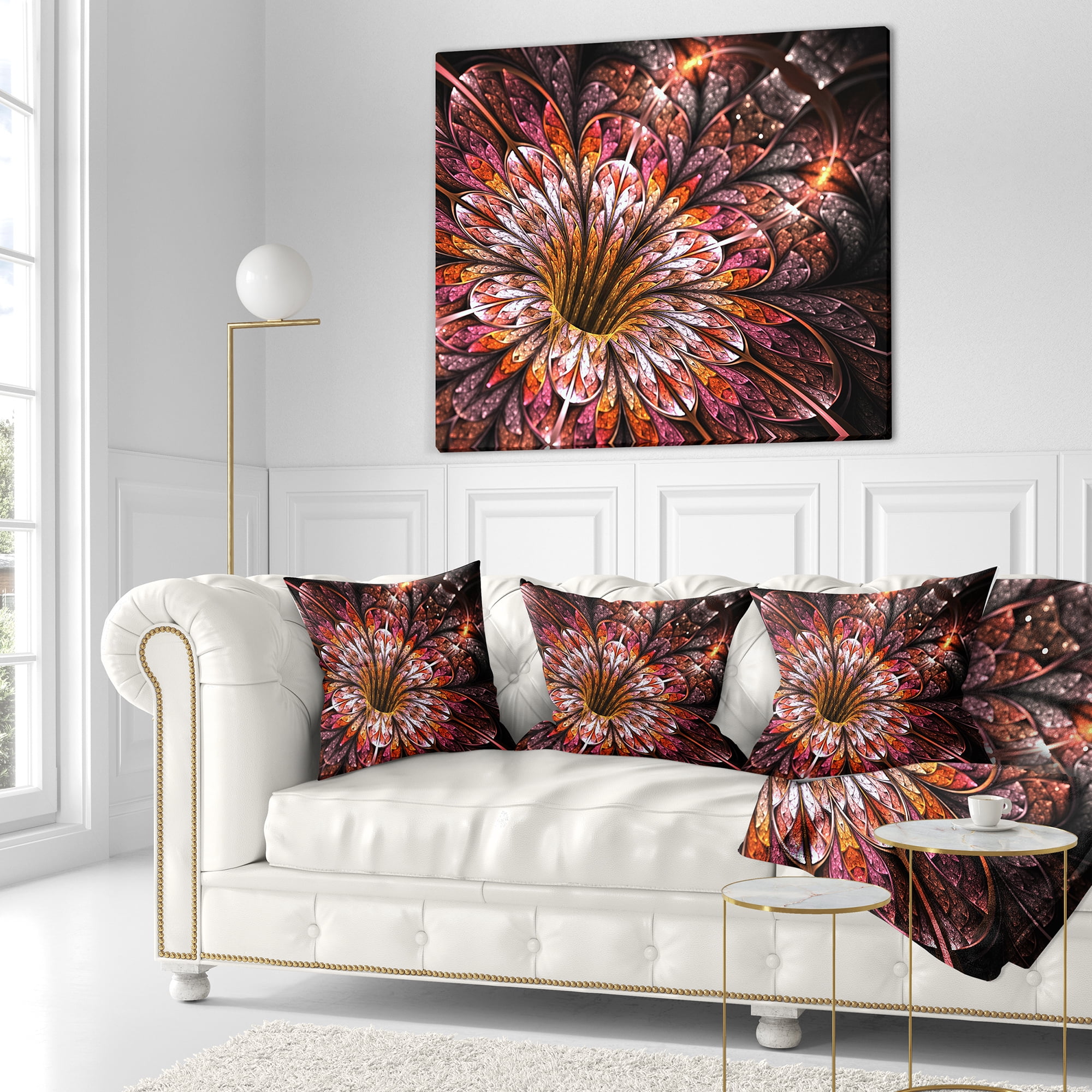 Designart Glittering Light Red Fractal Flower - Floral Throw Pillow - 16x16