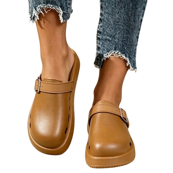 hoksml Women Adjustable Buckle Perforated Platform Clog Mules Round Toe Slip On Casual Shose