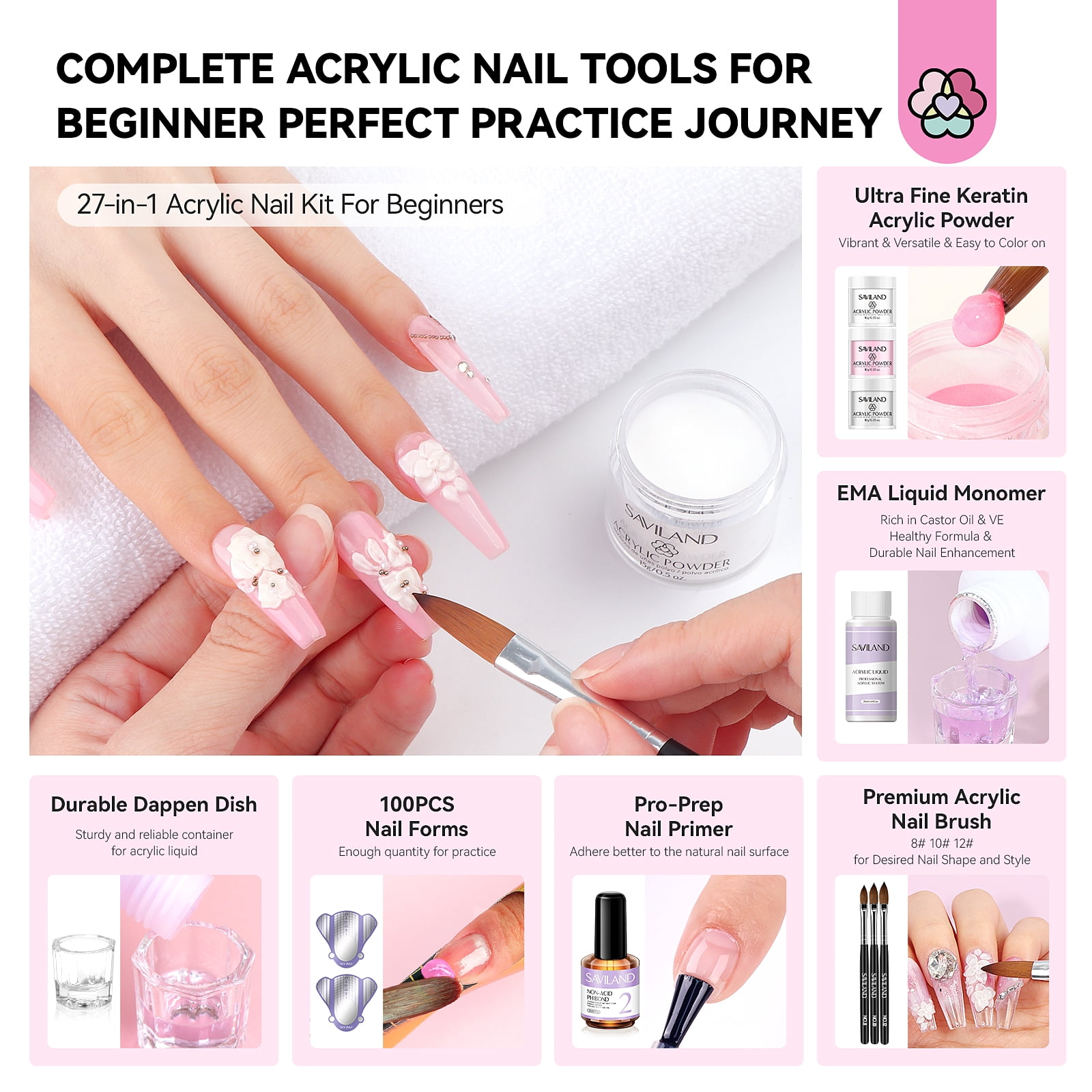 SAVILAND Complete Acrylic Nail Kit with U V Light : Acrylic Powder and Acrylic Liquid with Gel Nail Polish Nail Decoration Nail Art for Beginners