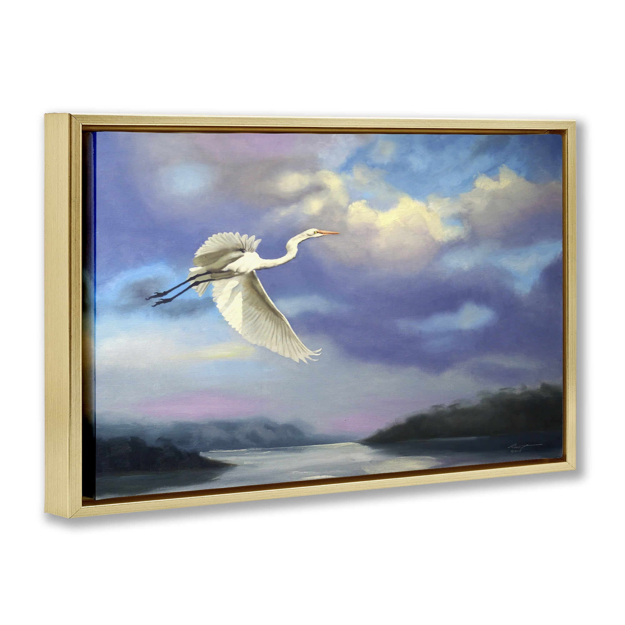 Stupell Industries Egret Over Clouds Landscape Painting Gold Floater Framed Canvas Art Print Wall Art, 25 x 17