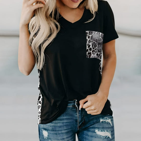 ALLLIST Women's Tops V Neck Leopard Print Short Sleeve Tee Shirts Summer Casual Blouse Ladies Tops