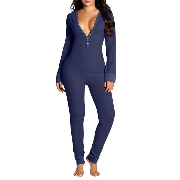 Womens Button-down Front Functional Buttoned Flap Adults Pajamas One Piece  Sleepwear Jumpsuit Thermal Underwear Set 
