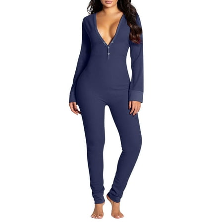 

wybzd Women s Butt Flap Pajamas Onesies Deep V Neck Bodycon Jumpsuit Long Sleeve Romper Overall Navy S