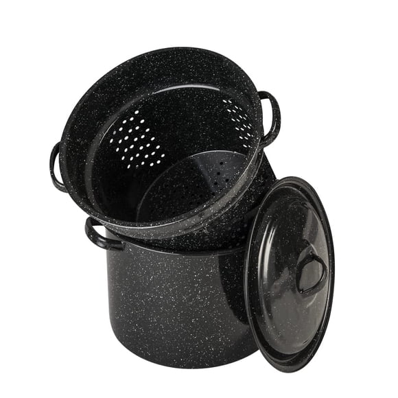 Granite Ware 7.5 Qt 3 Piece Multiuse Pasta Pot Set, Strainer Pot with lid. (Speckled Black) Seafood, Soups, Sauce, Large Capacity