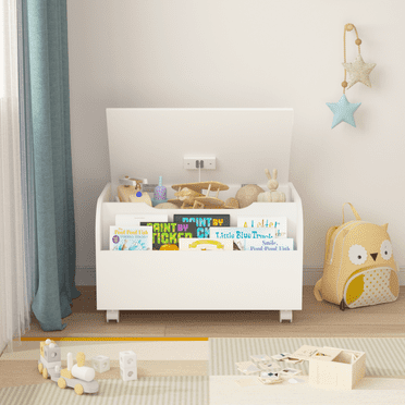Oufan Kids Toy Box with 4 Universal Wheels,Wooden Toy Chest, Kids Storage Organizer Bench with Front Book Storage Area for Boys and Girls, Children's Furniture, White