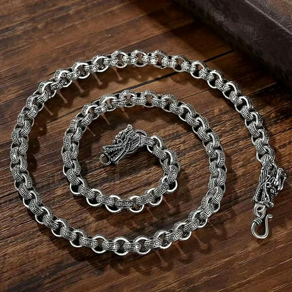 EOEMY Retro Mighty Men'S 925Sterling Silver Cool Dragon Head Circles Necklace 24"