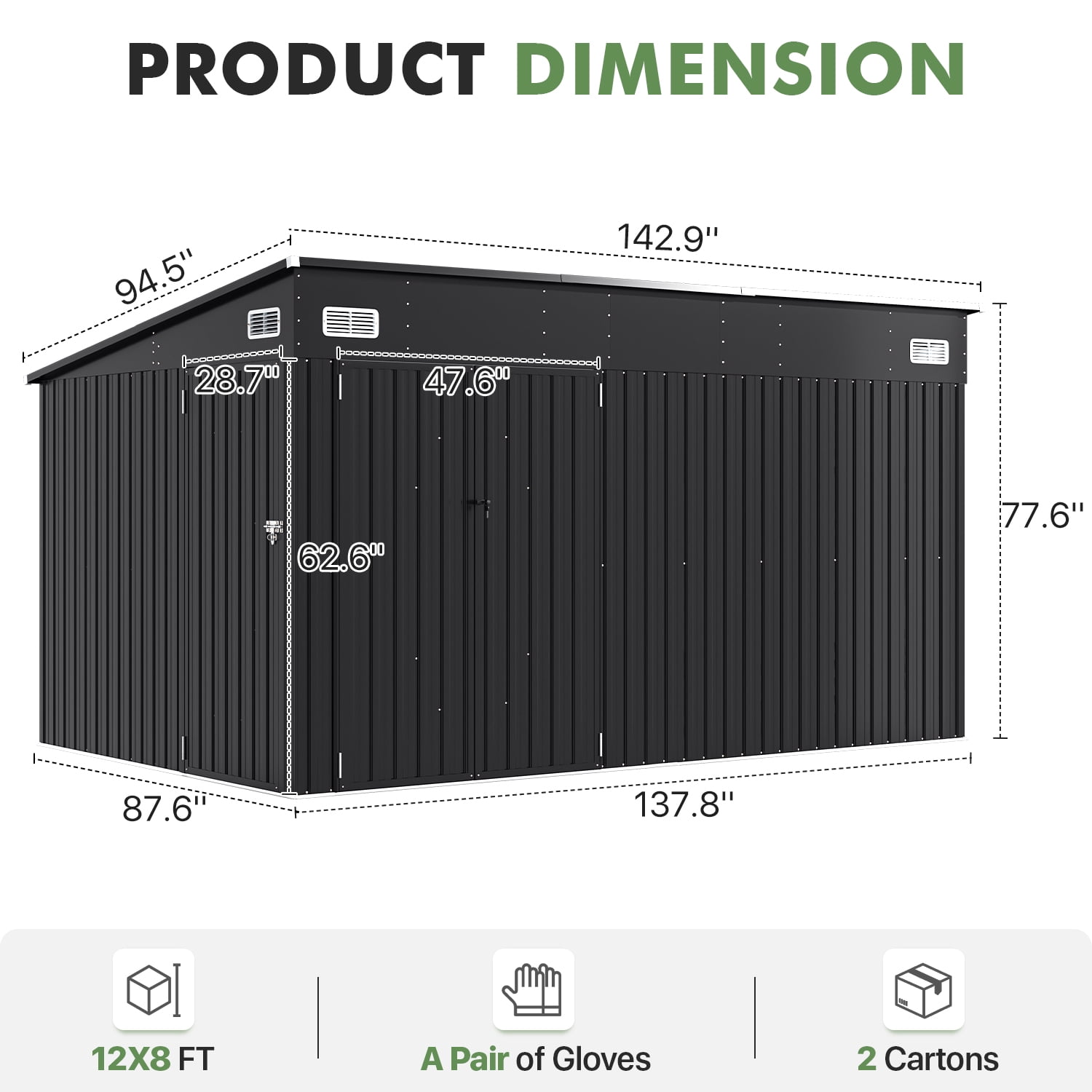 BaPiPro 12' x 8' Metal Outdoor Storage Shed, Tool Shed with Triple Lockable Door & Sloped Roof for Backyard & Patio, Black