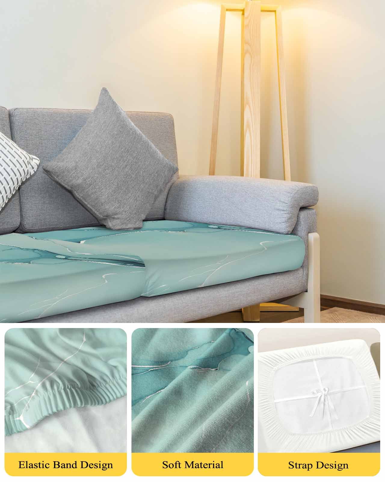 Turquoise Couch Cushion Covers,Stretch Seat Cushion Covers for Sectional Sofa,Modern Marble Ink Painting Abstract Art Individual Sofa&nbsp;Slipcovers Furniture Protector with Elastic&Straps 1Pcs,S