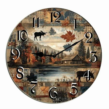 Kurmntregon Cabin Bear Wall Clock Forest Wildlife Mountain Lodge Wooden Silent Non Ticking Battery Operated Wood Clock For Bedroom Bathroom Living Room Office School Kitchen Round 10