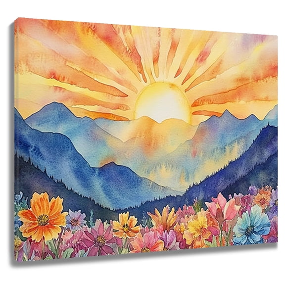 HVEST Boho Sun Floral Wall Art Abstract Modern Wildflower Sunset Canvas Wall Art Mountain Landscape Framed Wall Decor for Living Room Bedroom Home, 16 X 12 inches