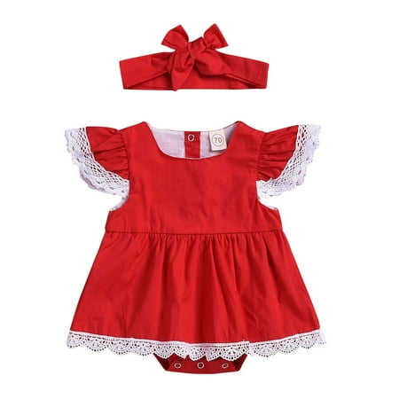 

Baby Bodysuit Girls Fly Sleeve Floral Prints Lace Romper Bodysuits With Headbands Outfits For 6-12 Months