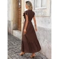 thumbnail image 3 of Brown Womens Shirred Vacation Dress With Flared Sleeves, Ruffle Hem, Textured Fabric, Midi Length, 3 of 8